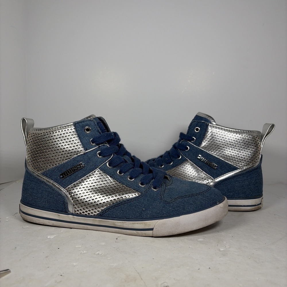 Size 9 M GUESS Krysta High Top Blue Denim Silver Metallic Sneakers Y2K